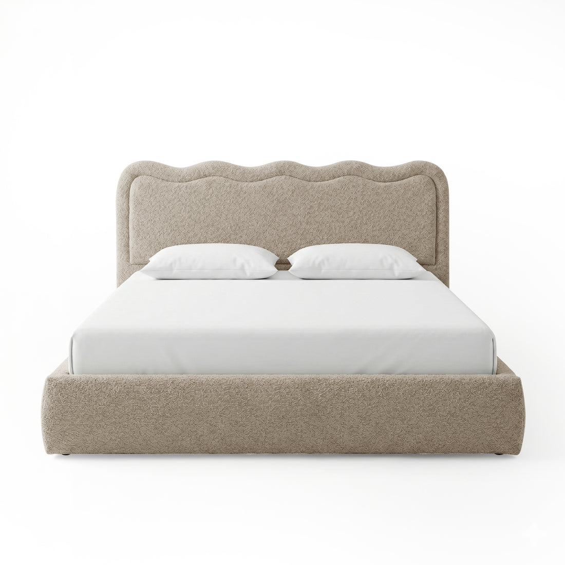 Noemi King Boucle Gas Lift Storage Bed Frame in Beige with curved scalloped headboard, upholstered base and white mattress