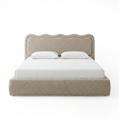 Noemi King Boucle Gas Lift Storage Bed Frame in Beige with curved scalloped headboard, upholstered base and white mattress