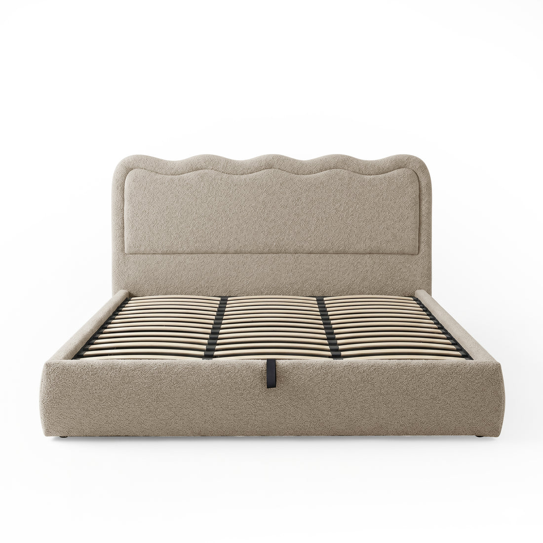 Noemi King Boucle Gas Lift Storage Bed Frame in Beige with curved scalloped headboard and timber slat base