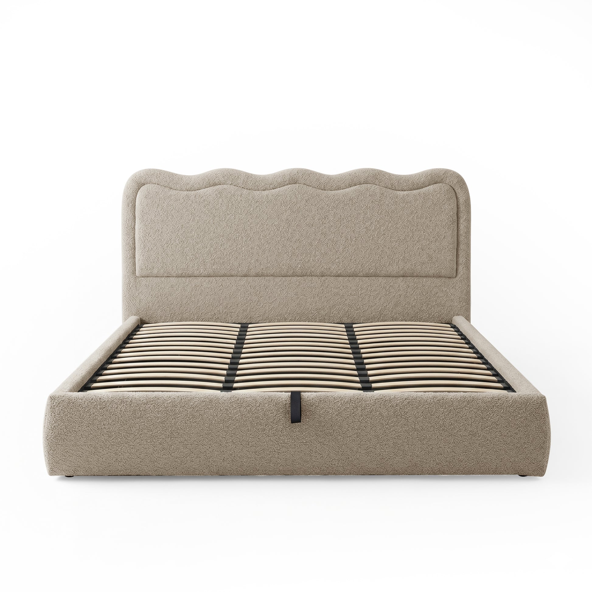 Noemi King Boucle Gas Lift Storage Bed Frame in Beige with curved scalloped headboard and timber slat base