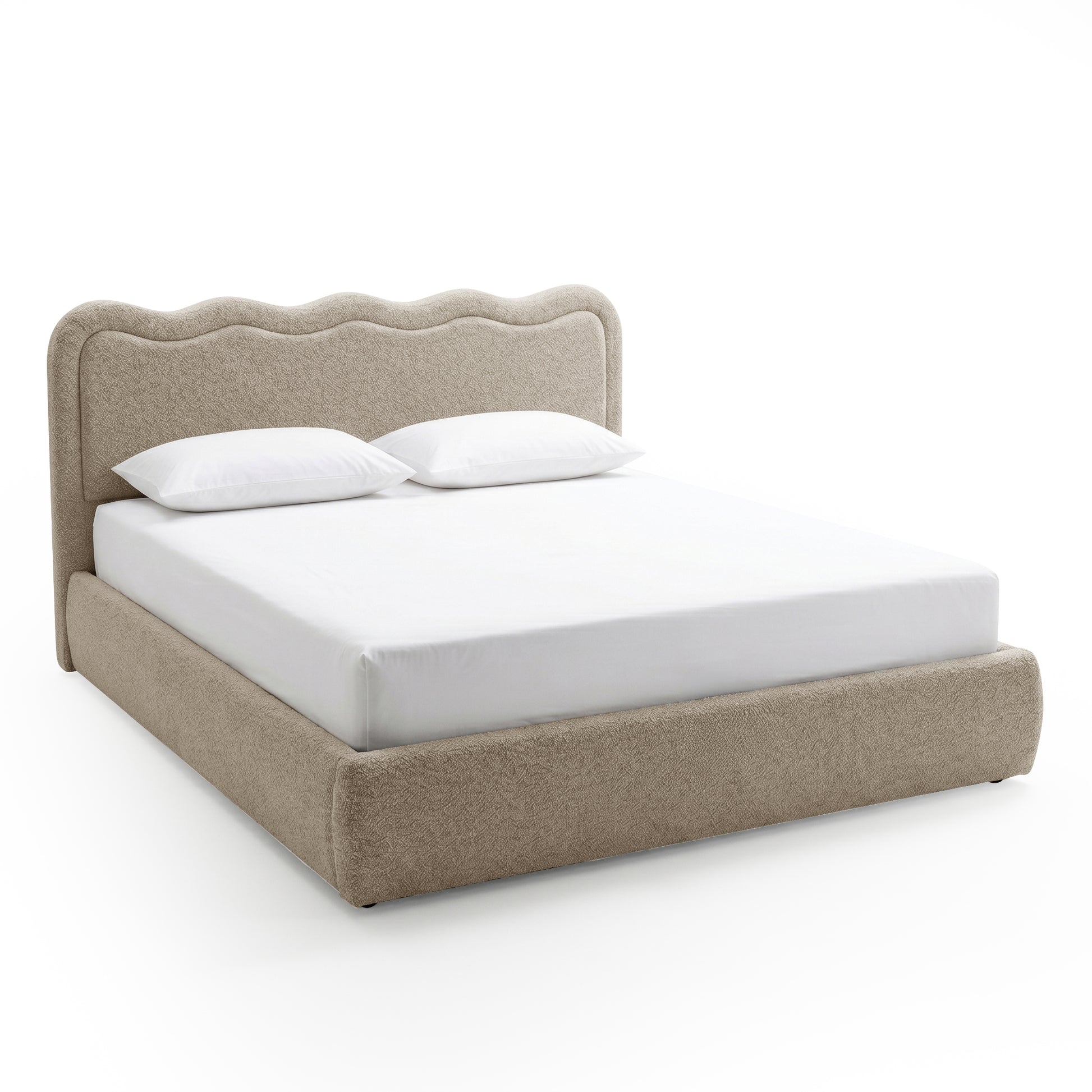 Noemi King Boucle Gas Lift Storage Bed Frame in Beige with scalloped headboard and white bedding
