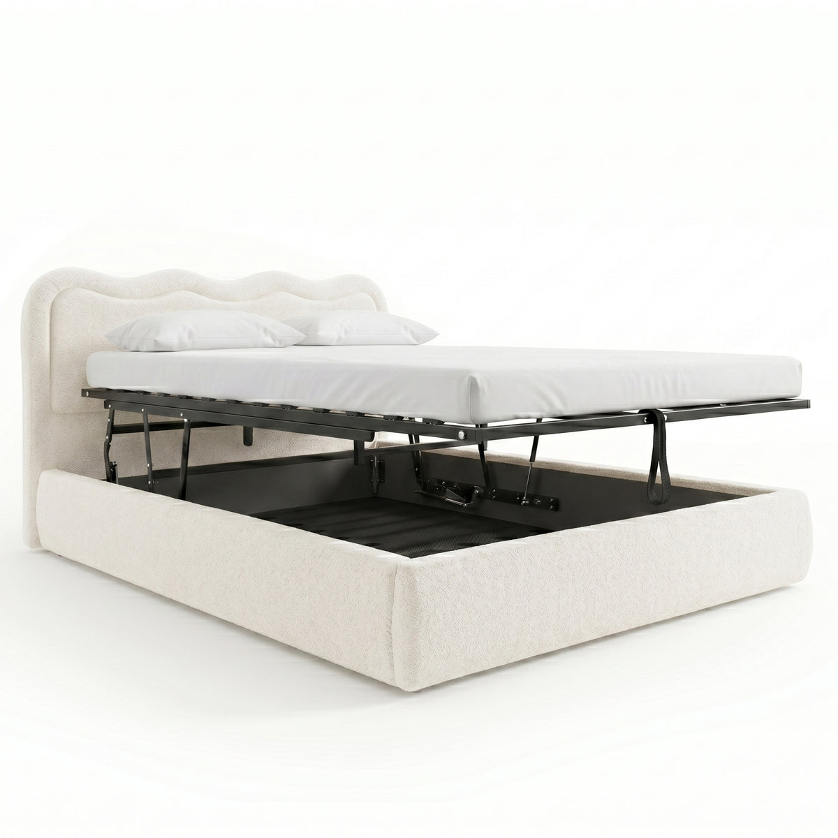 Cream white boucle king bed frame with gas lift storage, wavy headboard and black metal base on white background
