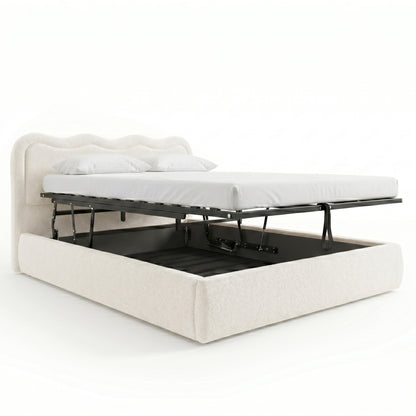 Cream white boucle king bed frame with gas lift storage, wavy headboard and black metal base on white background