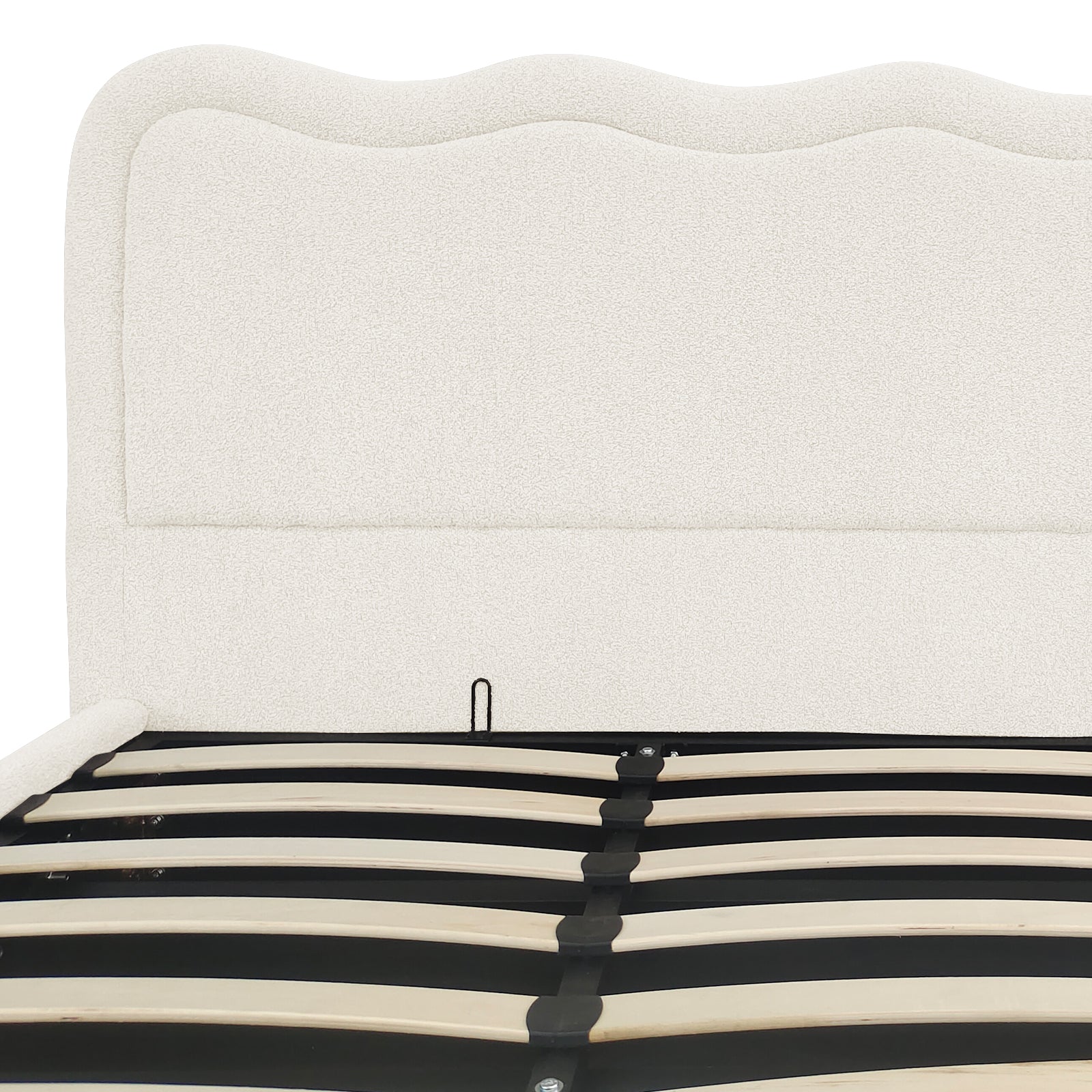 Cream white boucle upholstered bed with curved headboard and gas lift storage slats