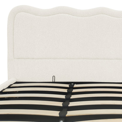 Cream white boucle upholstered bed with curved headboard and gas lift storage slats