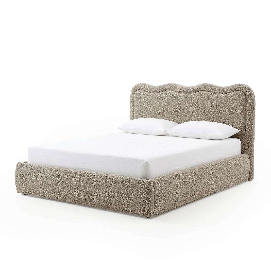 Noemi Queen Boucle Gas Lift Storage Bed in Beige with curved boucle headboard and base, shown with white mattress and pillows