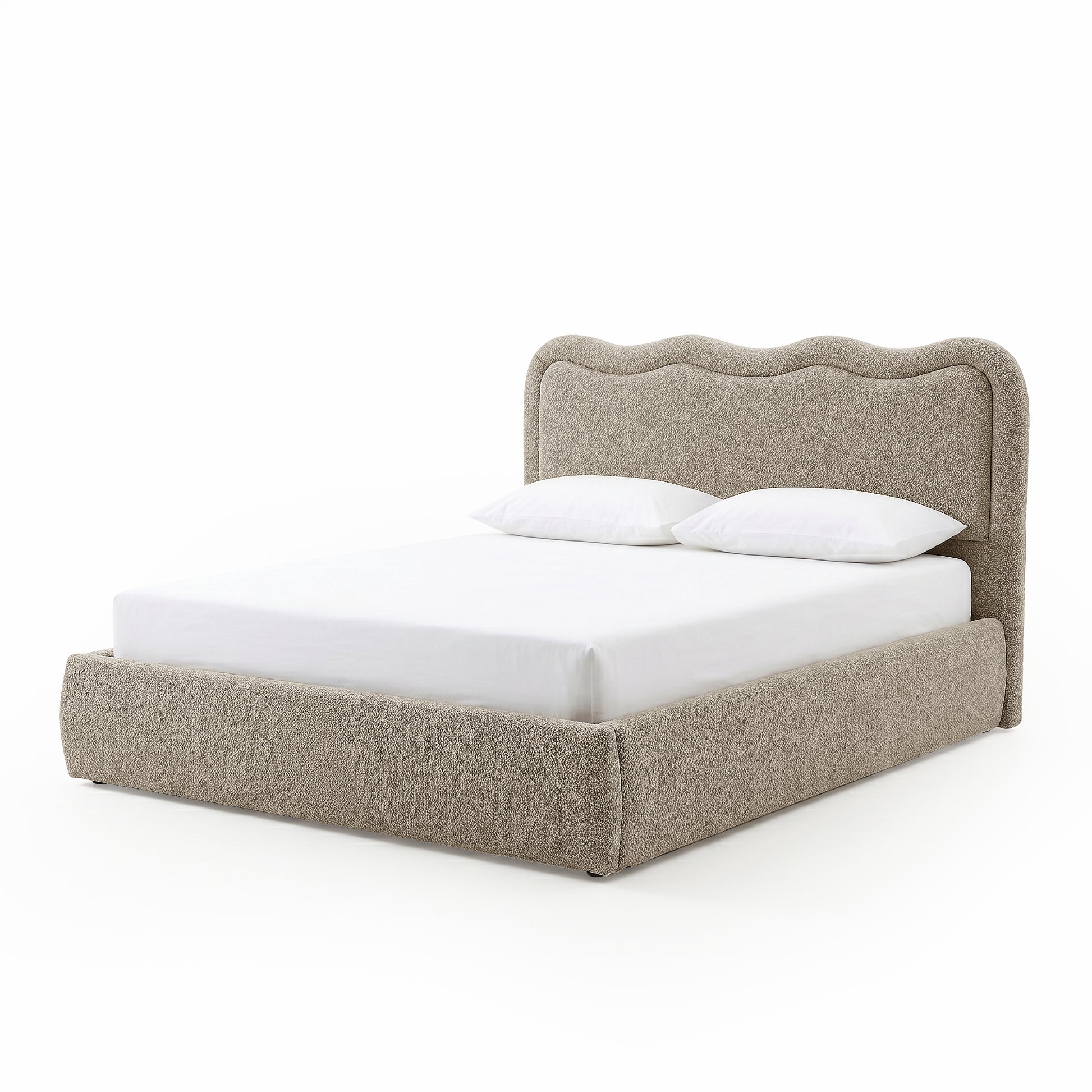 Noemi Queen Boucle Gas Lift Storage Bed in Beige with curved boucle headboard and base, shown with white mattress and pillows