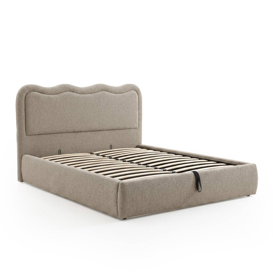 Beige boucle upholstered queen bed with curved scalloped headboard, wooden slat base and gas lift storage
