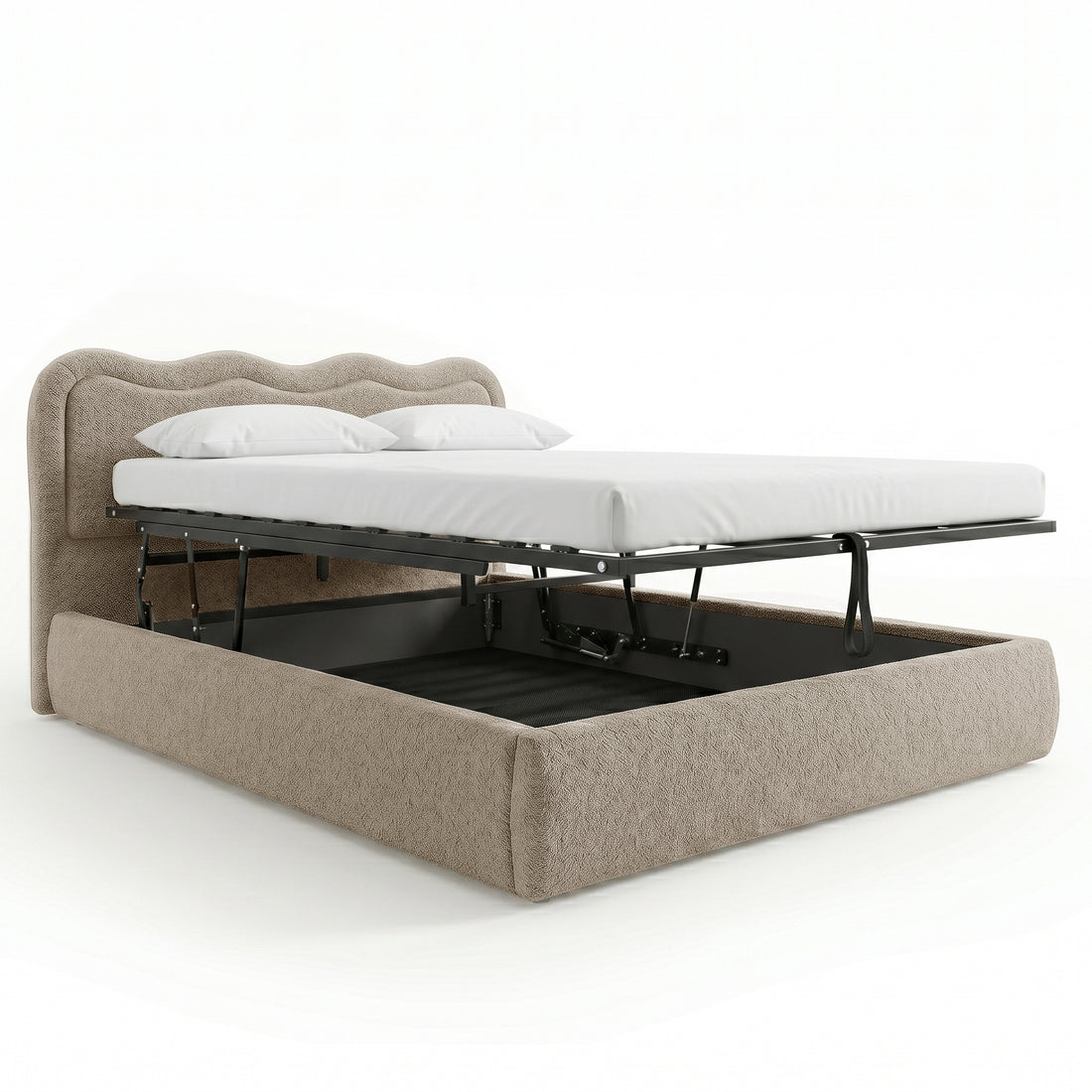 Noemi Queen Boucle Gas Lift Storage Bed in Beige with mattress base lifted showing under-bed storage compartment, two white
