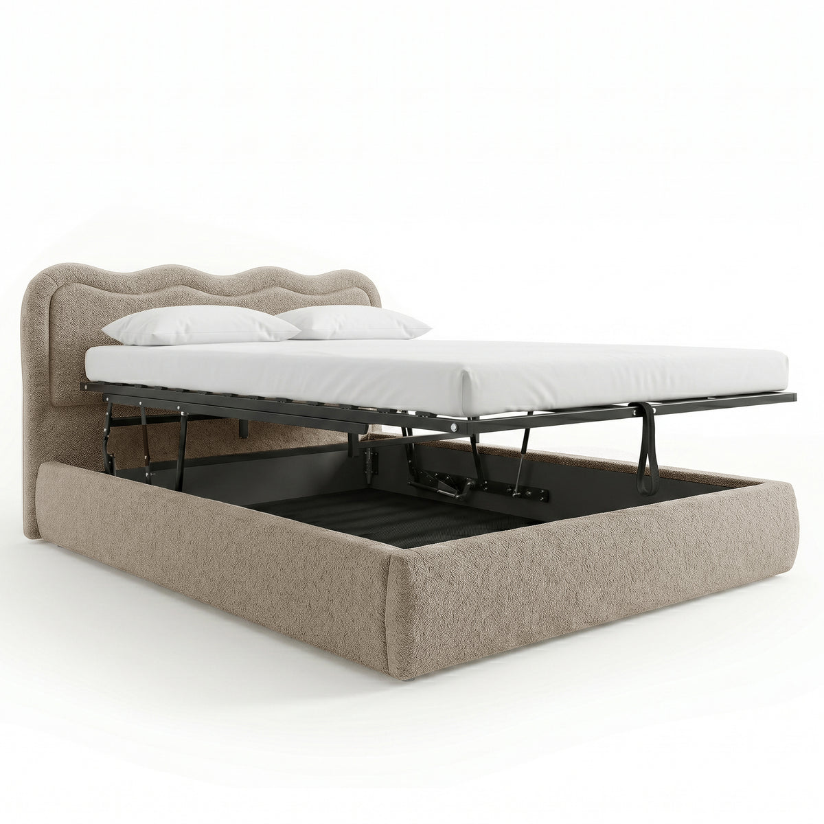 Noemi Queen Boucle Gas Lift Storage Bed in Beige with mattress base lifted showing under-bed storage compartment, two white