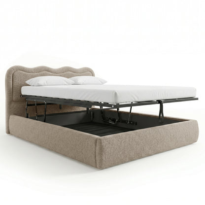Noemi Queen Boucle Gas Lift Storage Bed in Beige with mattress base lifted showing under-bed storage compartment, two white