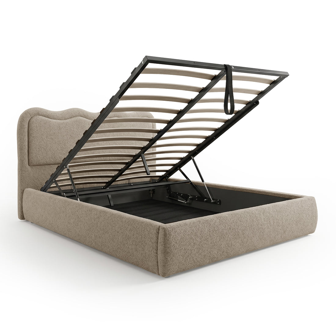 Noemi Queen gas lift storage bed in beige boucle with slatted base raised, showing under-bed storage compartment