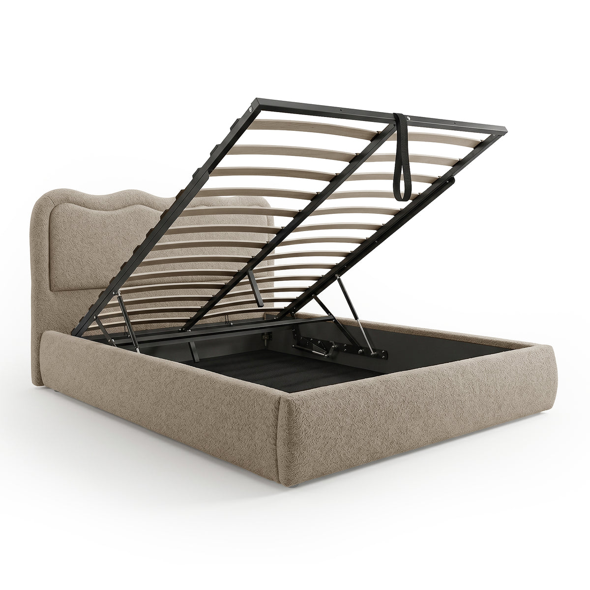Noemi Queen gas lift storage bed in beige boucle with slatted base raised, showing under-bed storage compartment