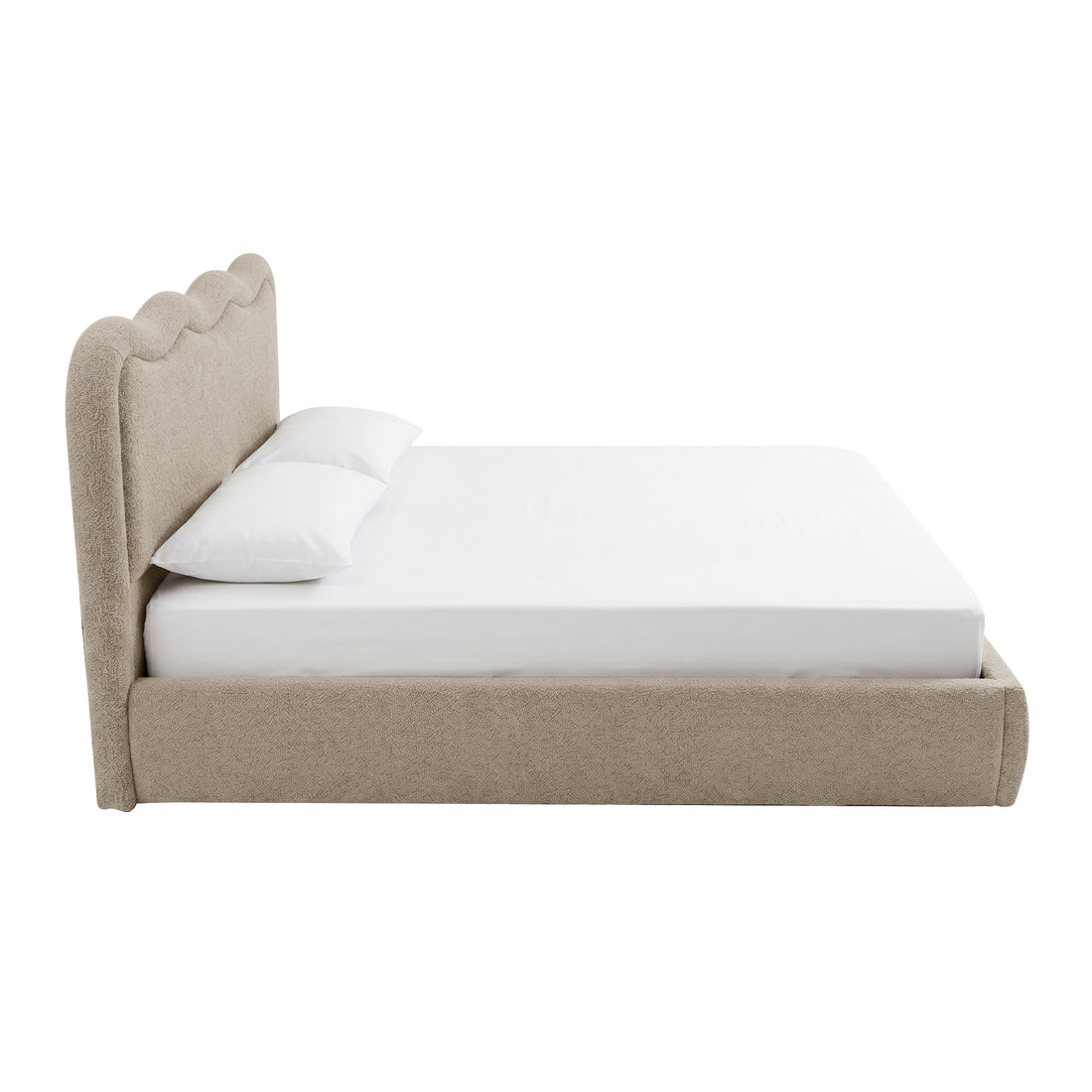 Noemi Queen Boucle Gas Lift Storage Bed in Beige with scalloped headboard and white bedding