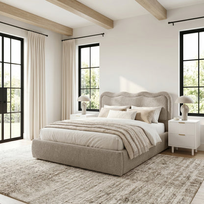 Noemi Queen Boucle Gas Lift Storage Bed in Beige with curved scalloped headboard and matching upholstered bed base