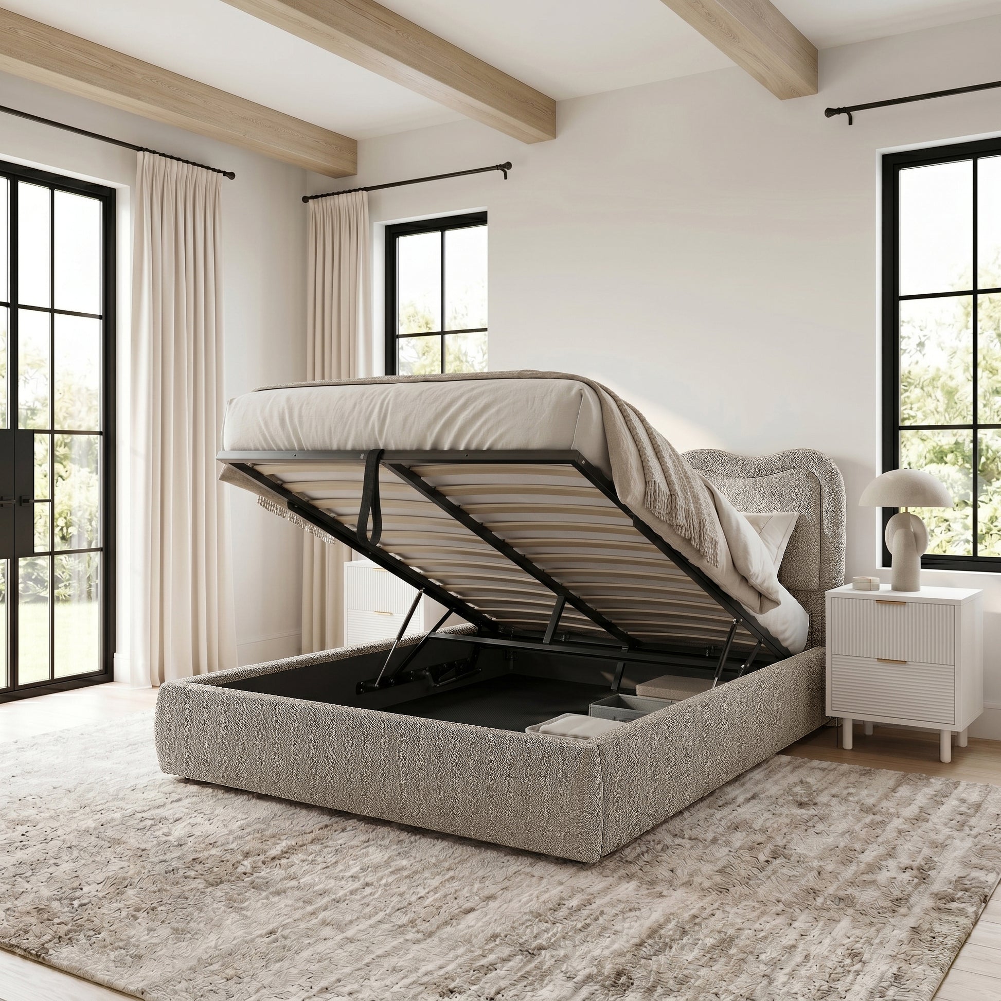 Noemi Queen Boucle Gas Lift Storage Bed in Beige with mattress base lifted to reveal under-bed storage compartment.