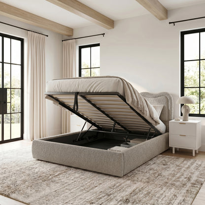 Noemi Queen Boucle Gas Lift Storage Bed in Beige with mattress base lifted to reveal under-bed storage compartment.