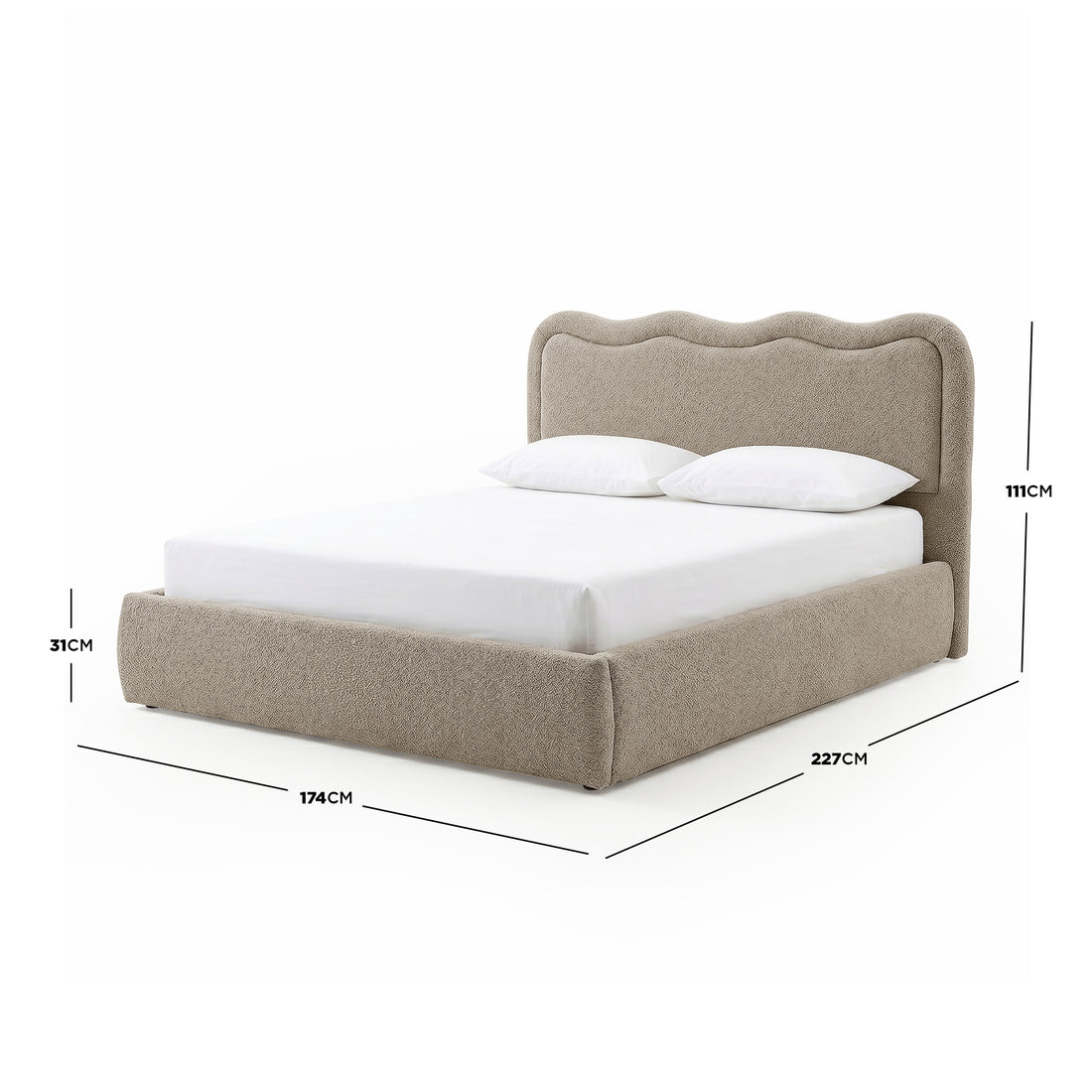 Noemi Queen Boucle Gas Lift Storage Bed in Beige with dimensions 227cm x 174cm x 111cm and 31cm base height