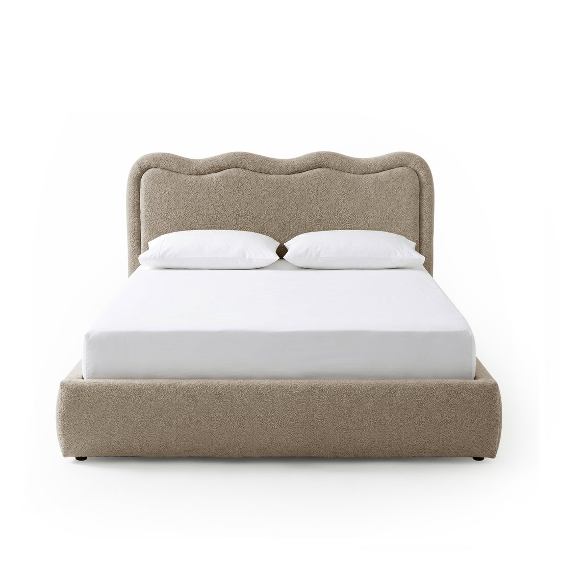 Beige boucle upholstered queen bed with scalloped headboard and gas lift storage base, shown with white mattress and two