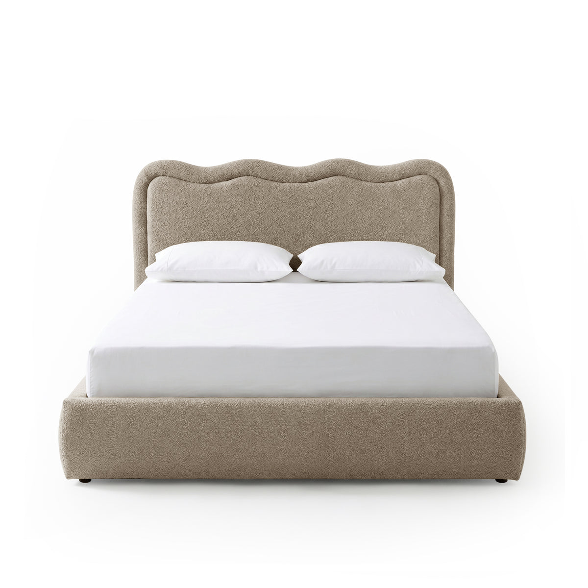 Beige boucle upholstered queen bed with scalloped headboard and gas lift storage base, shown with white mattress and two