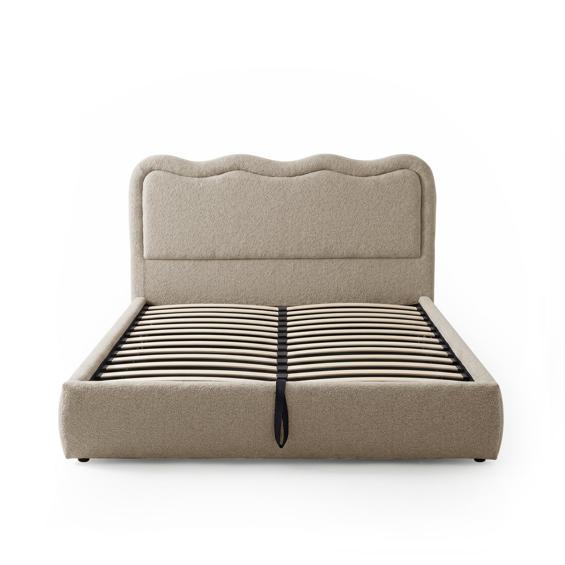 Noemi Queen gas lift storage bed with beige boucle upholstery, curved scalloped headboard and timber slat base