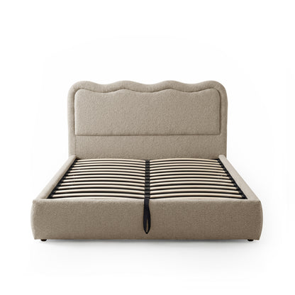 Noemi Queen gas lift storage bed with beige boucle upholstery, curved scalloped headboard and timber slat base