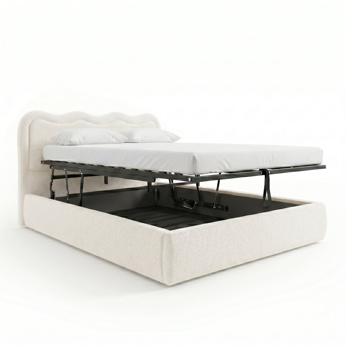 Cream white boucle queen bed with gas lift storage base raised to show under-bed compartment, scalloped headboard and white
