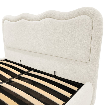Cream boucle upholstered bedhead with curved top and gas lift storage base showing wooden slats