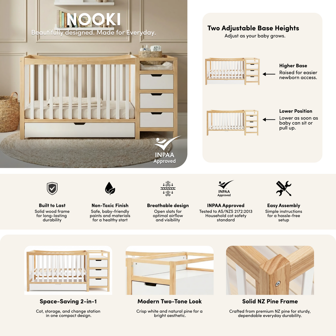 Nooki Solid Timber Cot with Storage in Natural & White styled in a room setting