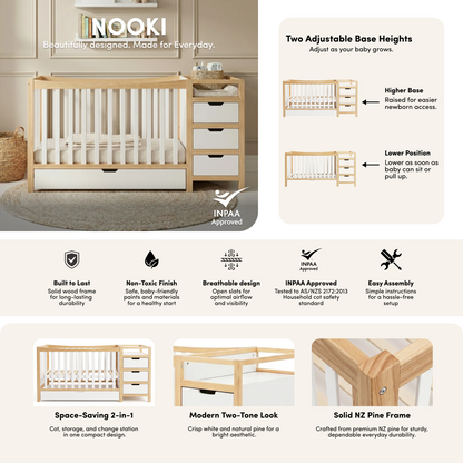 Nooki Solid Timber Cot with Storage in Natural & White styled in a room setting