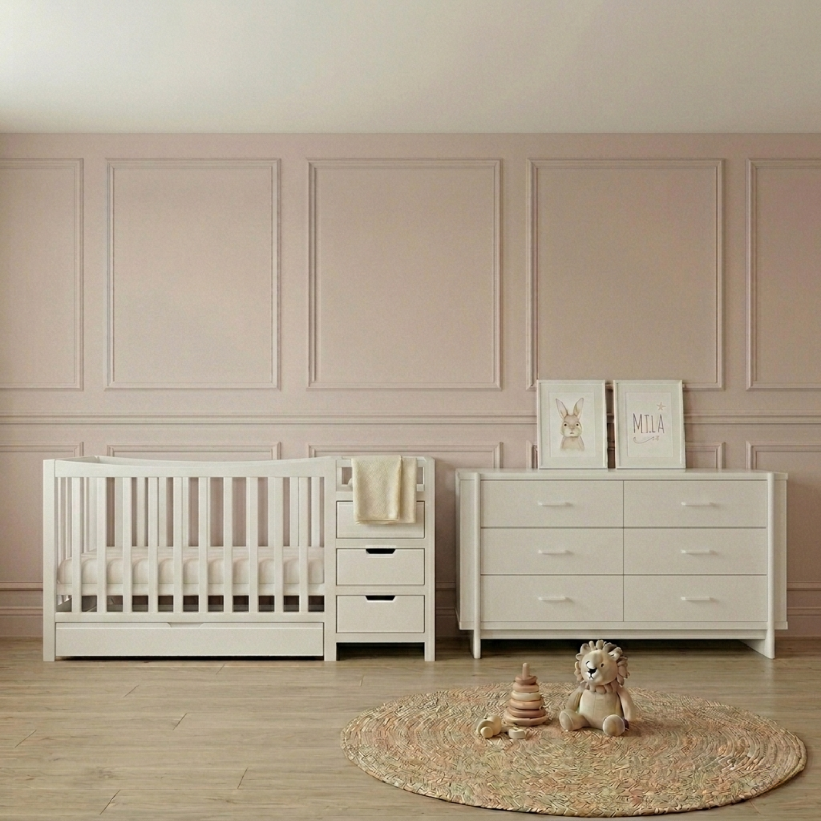 White timber cot with attached storage drawers and changing station in a nursery with pink panelled walls