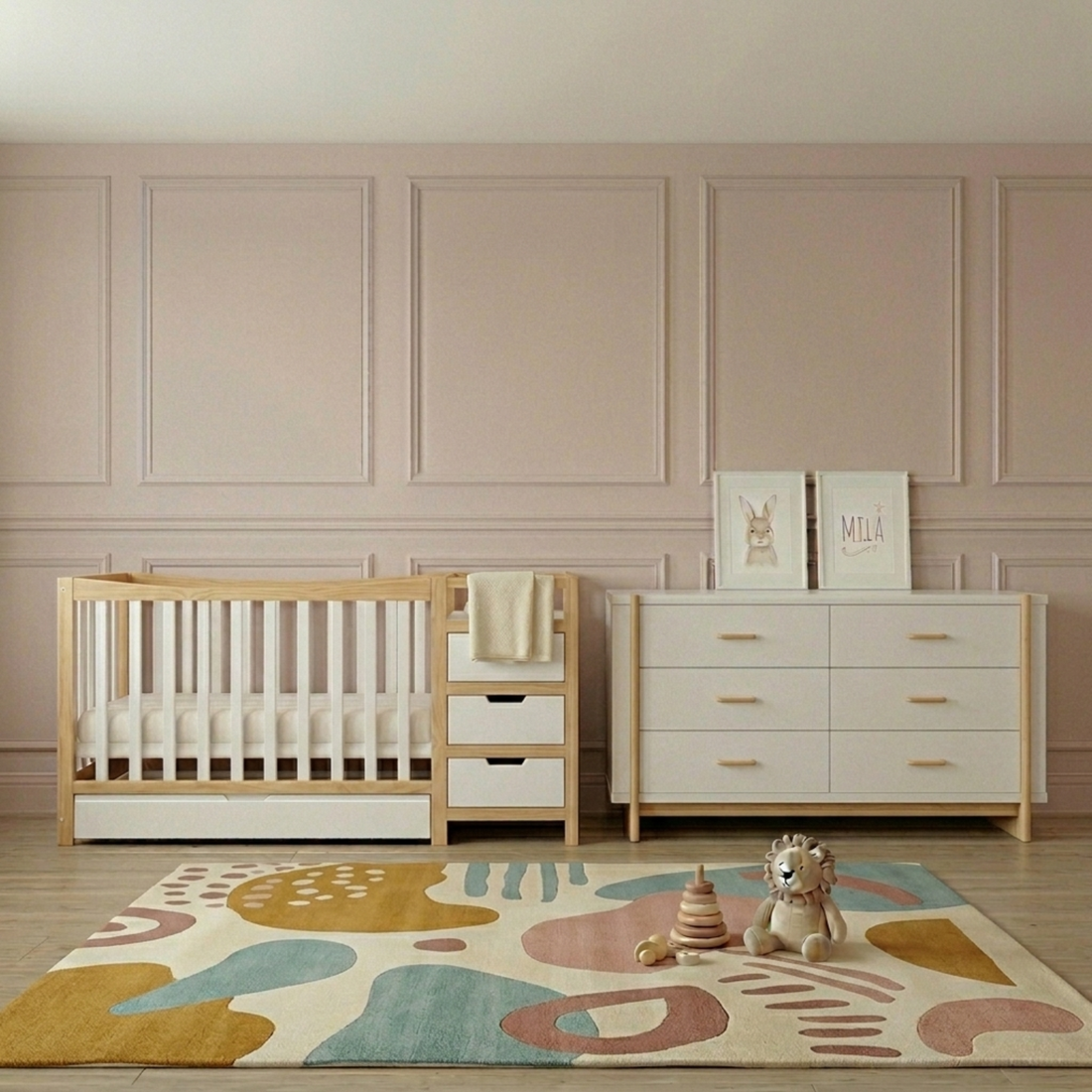 Natural and white timber baby cot with integrated storage drawers in nursery