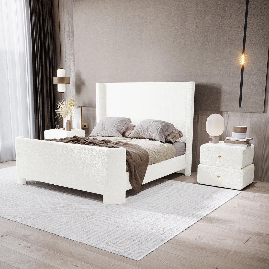 Palmira Double Boucle Upholstered Sleigh Bed Frame in cream white with tall headboard and footboard, shown with grey bedding