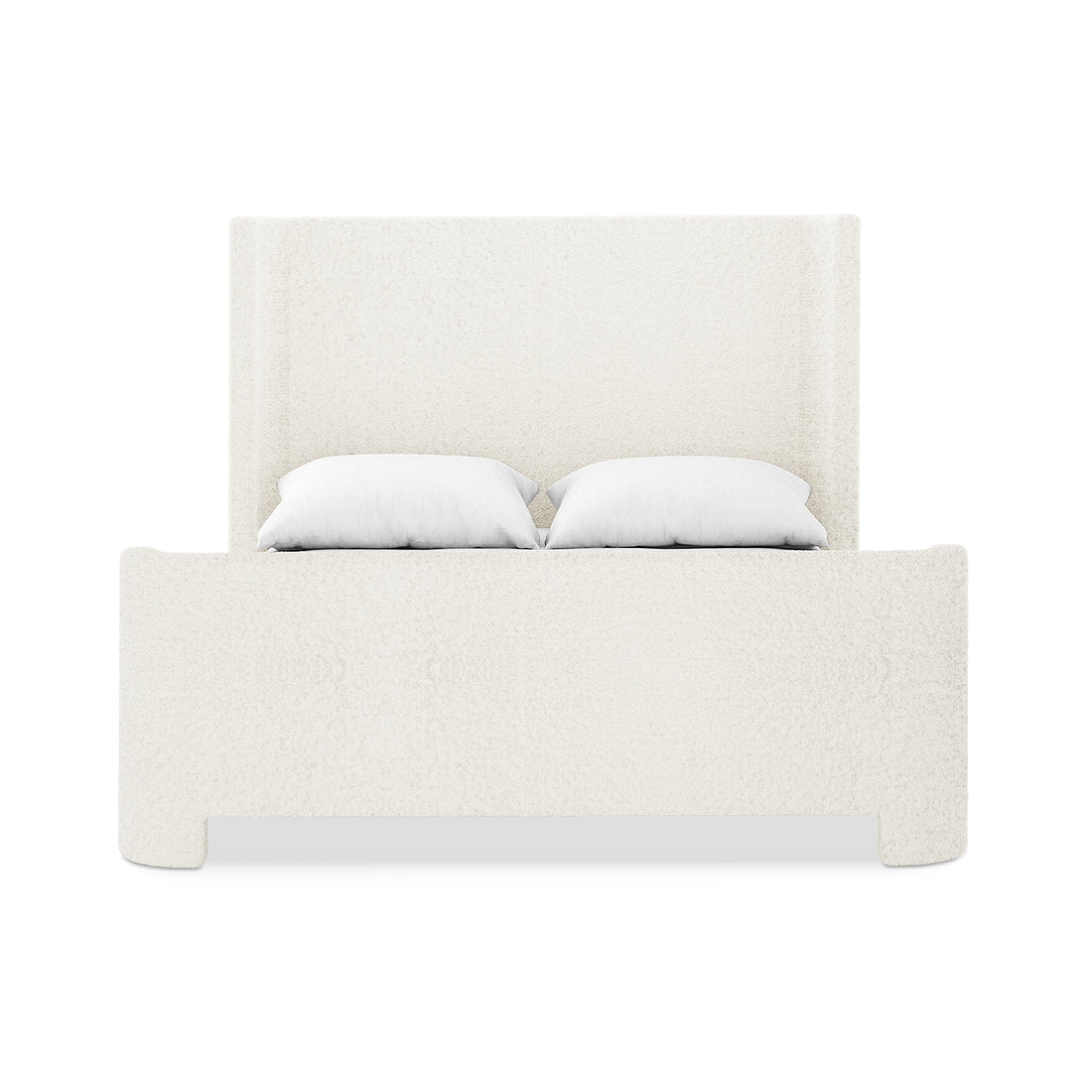 Palmira Double Boucle Upholstered Sleigh Bed Frame in cream white with two white pillows, front view
