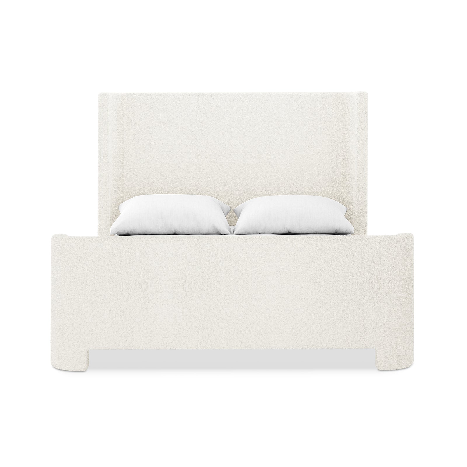 Palmira Double Boucle Upholstered Sleigh Bed Frame in cream white with two white pillows, front view