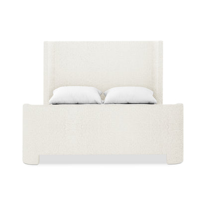Palmira Double Boucle Upholstered Sleigh Bed Frame in cream white with two white pillows, front view