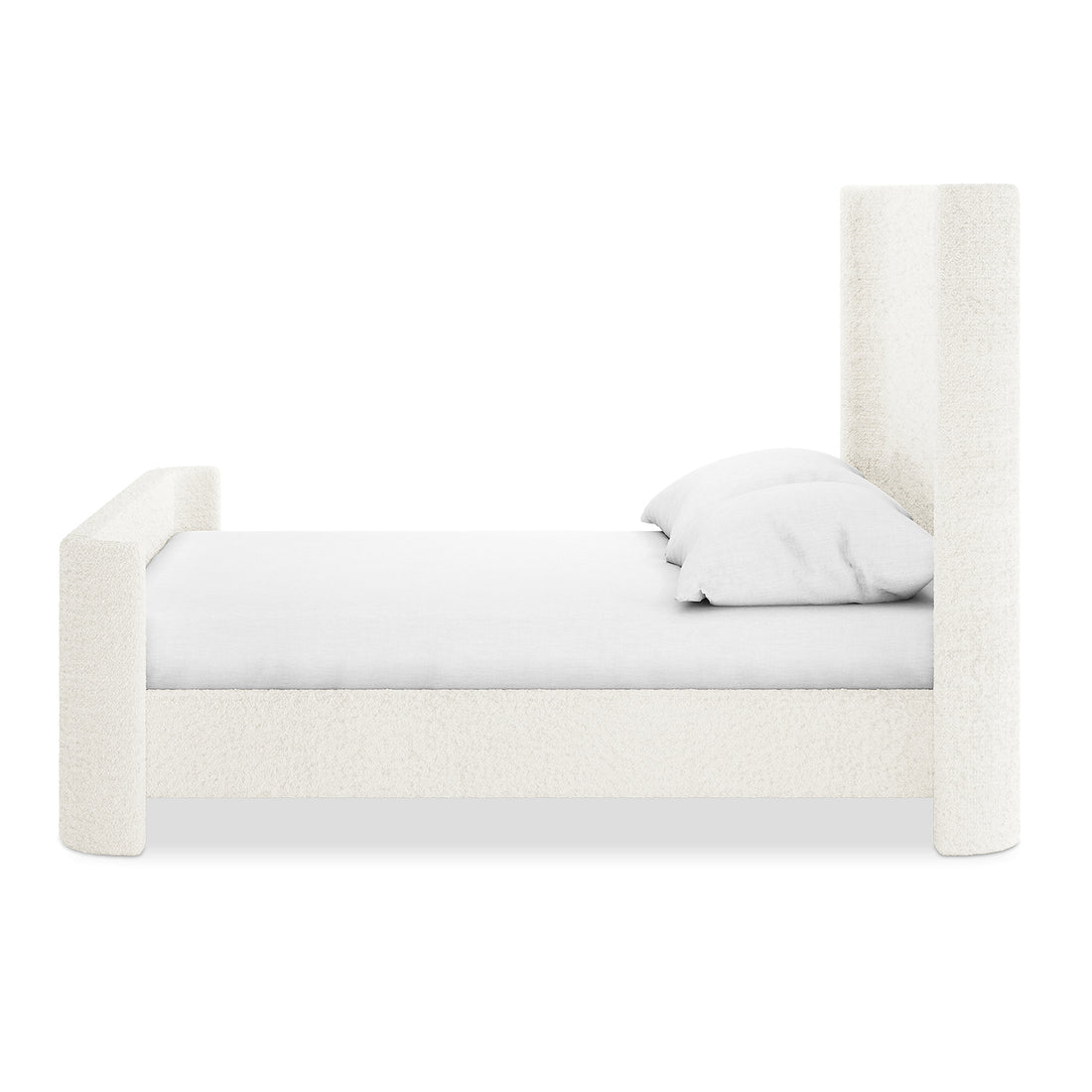Palmira Double Boucle Upholstered Sleigh Bed Frame in cream white with tall headboard and footboard, shown with white bedding