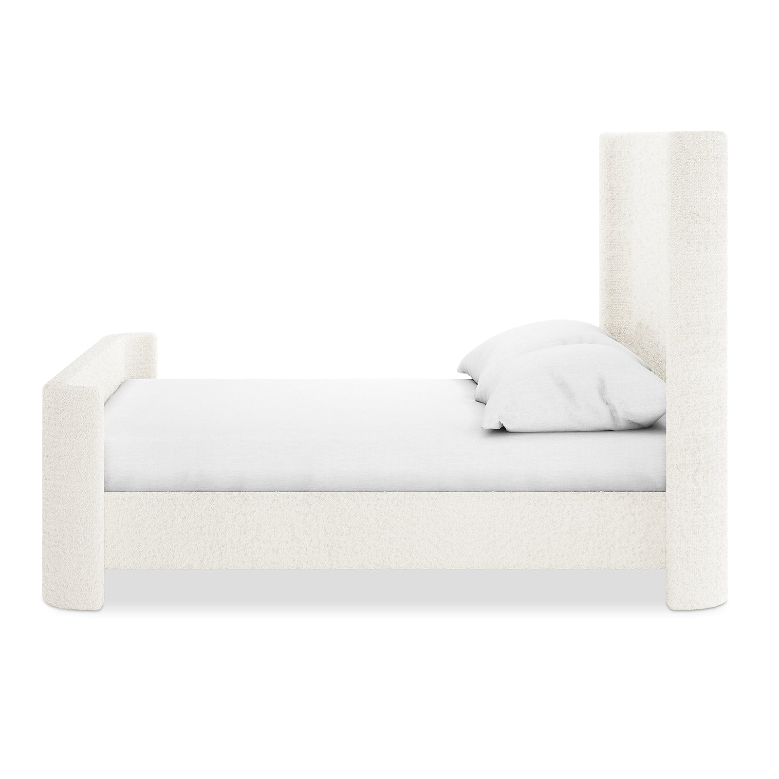 Palmira Double Boucle Upholstered Sleigh Bed Frame in cream white with tall headboard and footboard, shown with white bedding