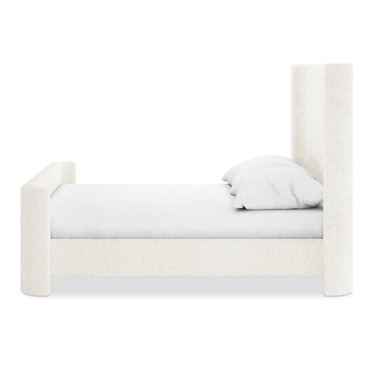 Palmira Double Boucle Upholstered Sleigh Bed Frame in cream white with tall headboard and footboard, shown with white bedding