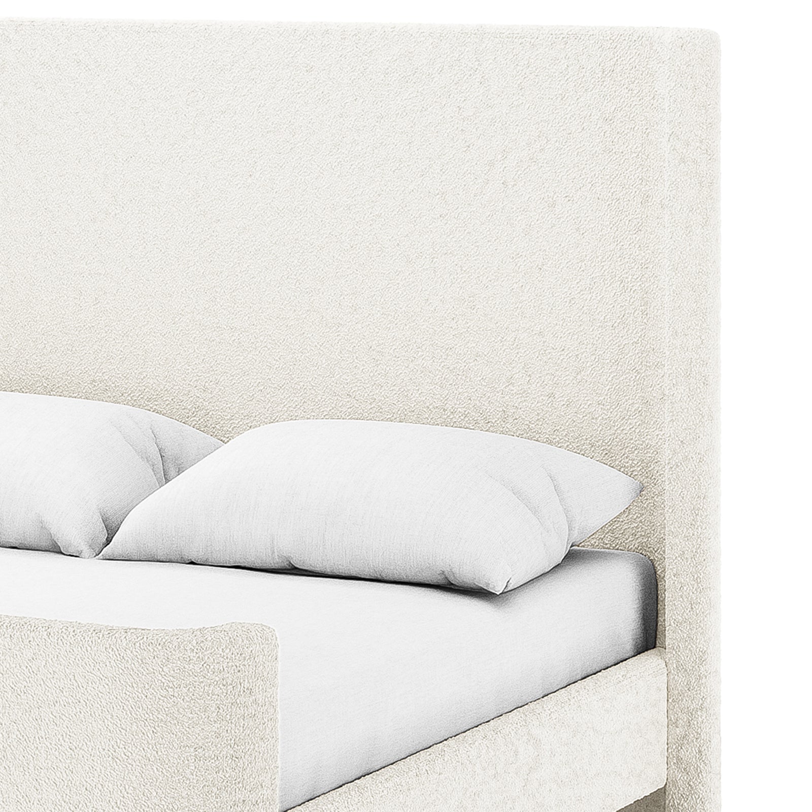 Close-up of cream white boucle upholstered headboard and footboard with light grey bedding on a sleigh bed frame