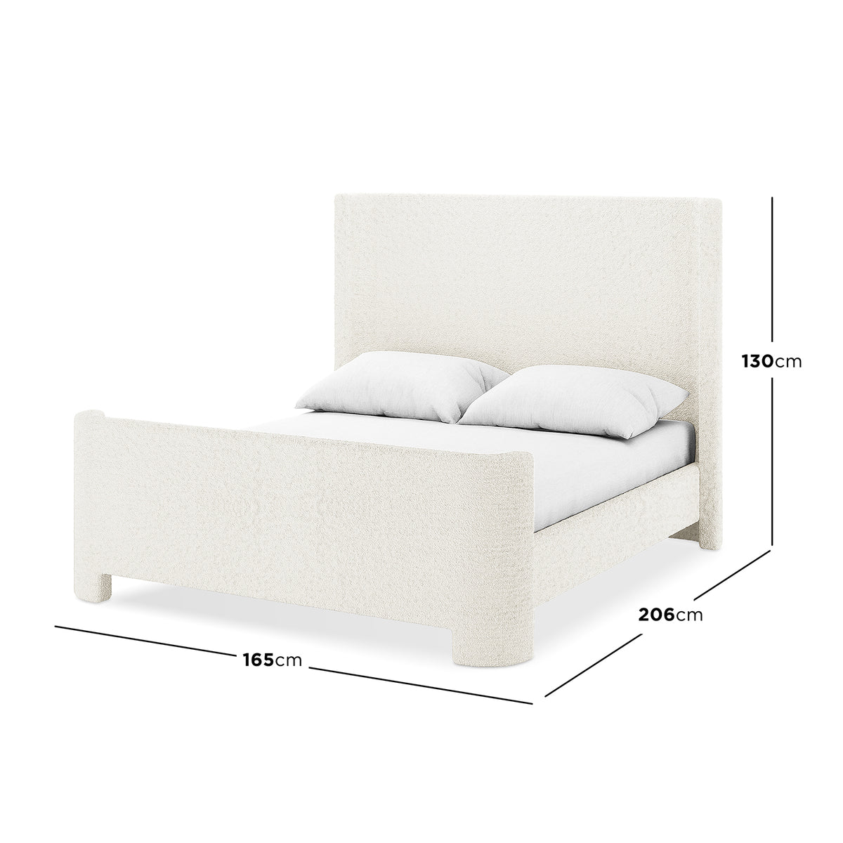 Palmira Double Boucle Upholstered Sleigh Bed Frame in Cream White with dimensions 165cm width, 206cm length, 130cm height