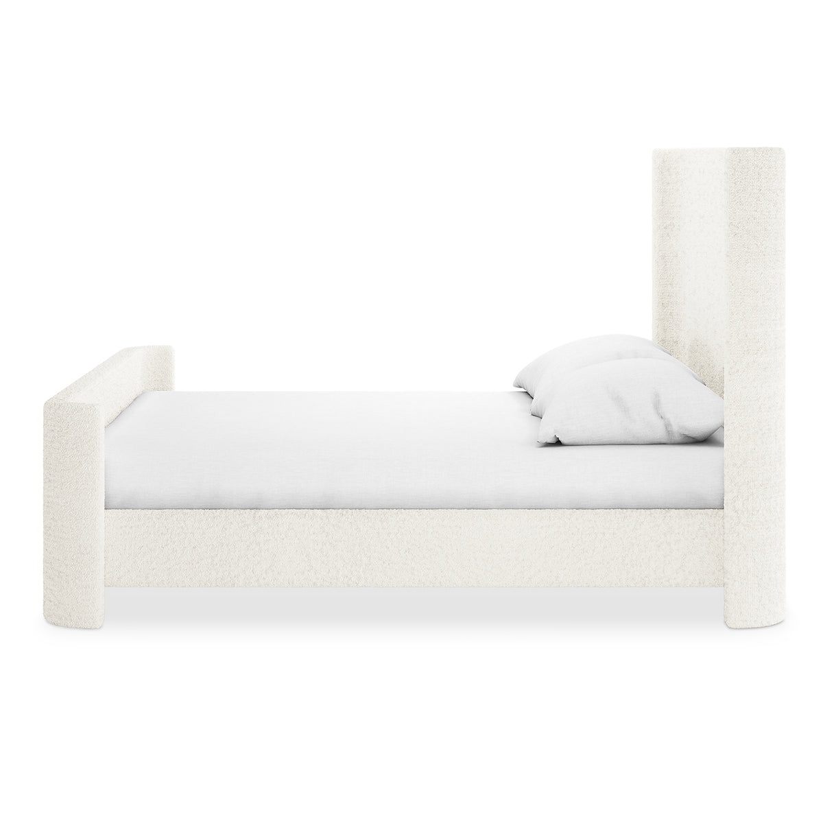 Palmira Queen Boucle Fabric Bed Frame in Cream White, featuring a tall headboard and shorter footboard with off-white bouclé upholstery. Sleigh silhouette supports a mattress with white linens and pillows.
