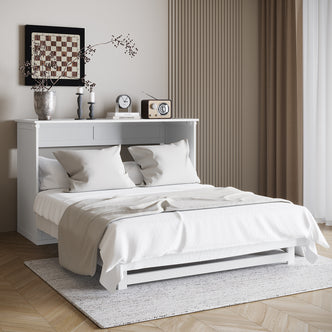 Modern bedroom corner featuring the Penn Smart Queen Murphy Bed with a white platform and integrated shelf, showcasing the Flecter 3-Fold Queen Mattress, offering seamless foldability and space-saving design.