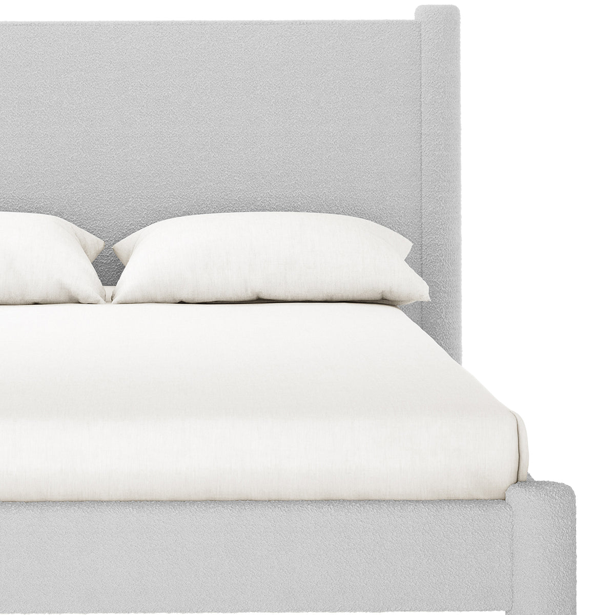 Front view of Rhoda Double Boucle Fabric Bed Frame in Light Grey, featuring a tall, straight headboard and low-profile frame in pale boucle fabric, with a white mattress and pillows.