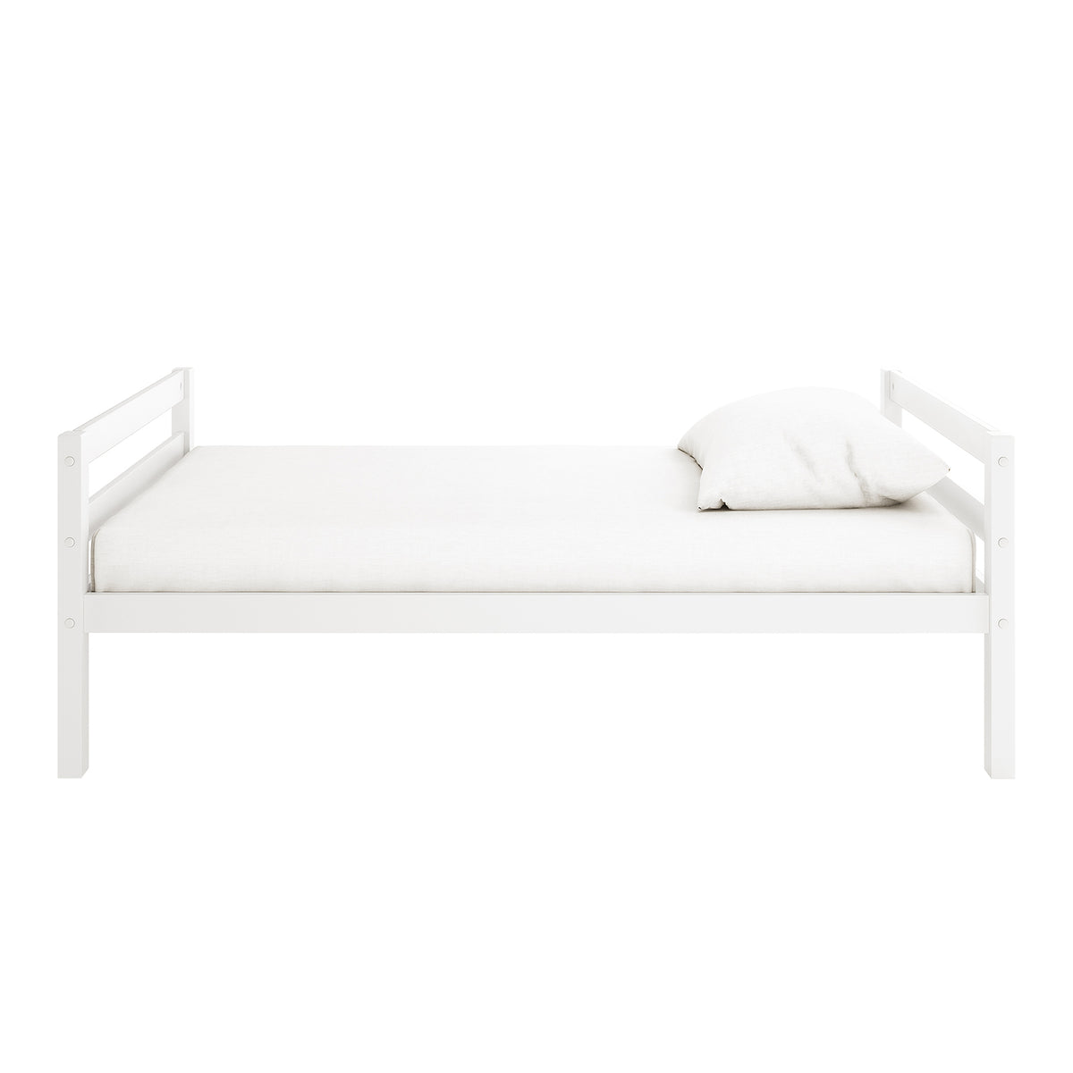 Ross Solid Pine Wood Bunk Bed with Storage in White, featuring a simple white wooden frame and mattress. Ideal for space-saving, designed with built-in storage shelving, enhancing functionality and modern appeal.
