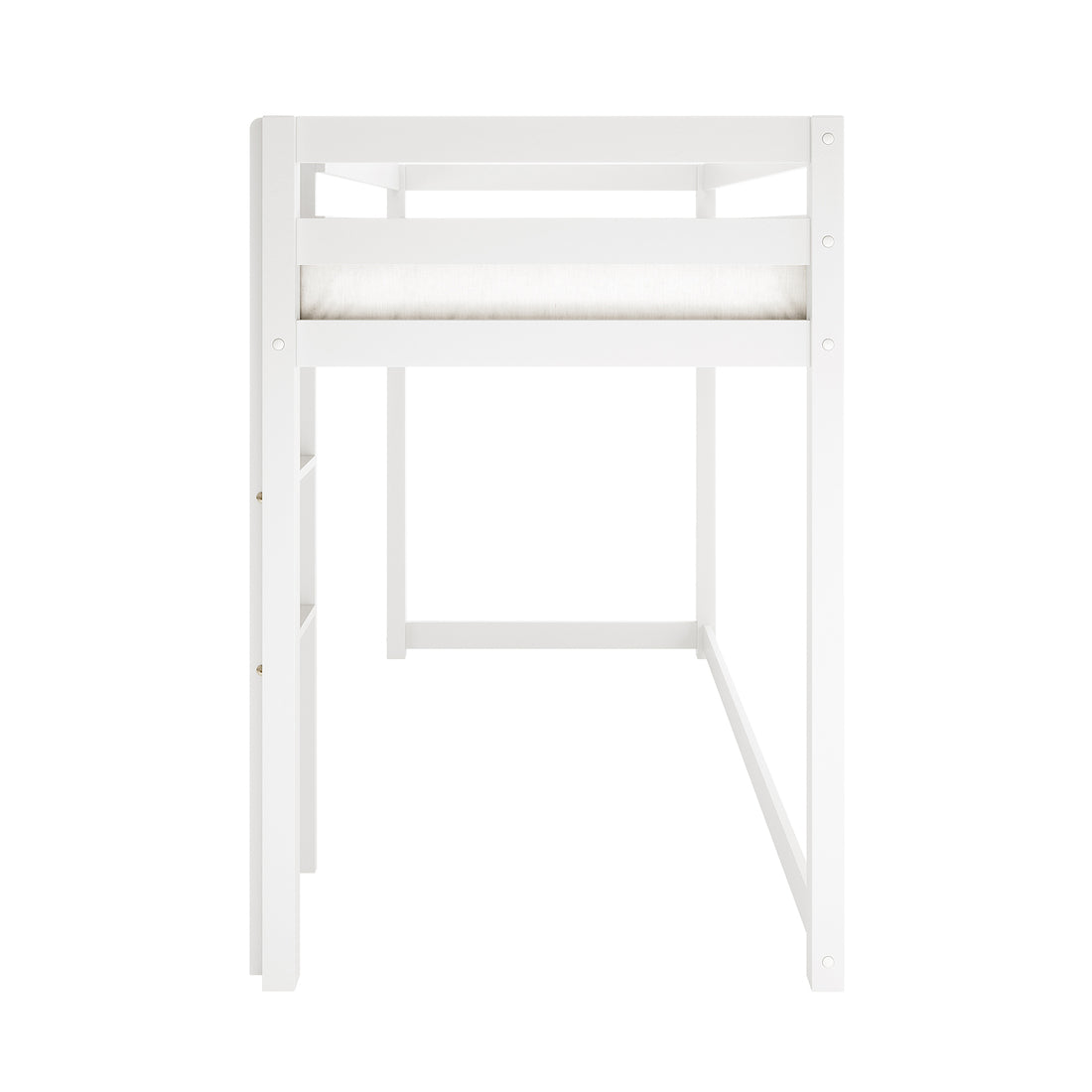 Ross Solid Pine Wood Bunk Bed with Storage in White, featuring a raised sleeping platform with guardrails, integrated ladder, and open space below. Built-in storage shelving is visible on the right side.