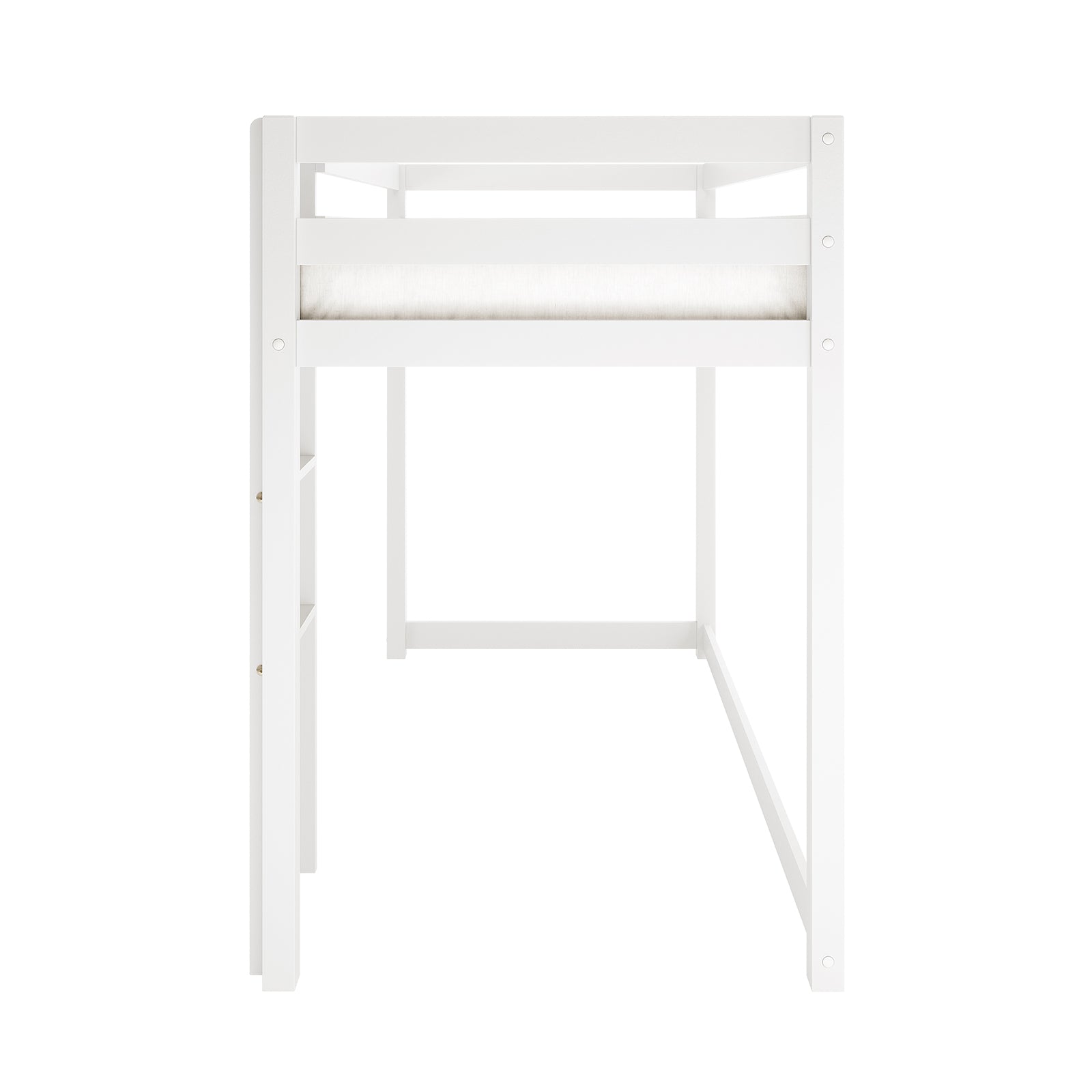 Ross Solid Pine Wood Bunk Bed with Storage in White, featuring a raised sleeping platform with guardrails, integrated ladder, and open space below. Built-in storage shelving is visible on the right side.