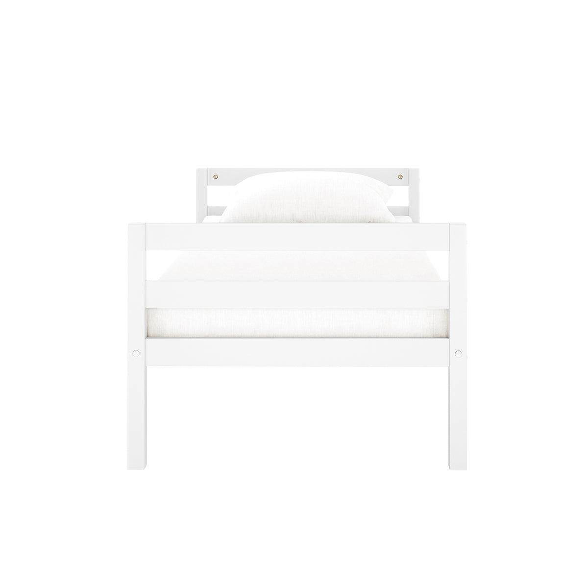 Ross Solid Pine Wood Bunk Bed with Storage in White, showcasing a single wooden bed frame with slatted head- and footboards, light mattress, and pillow, designed for space-saving and functionality.