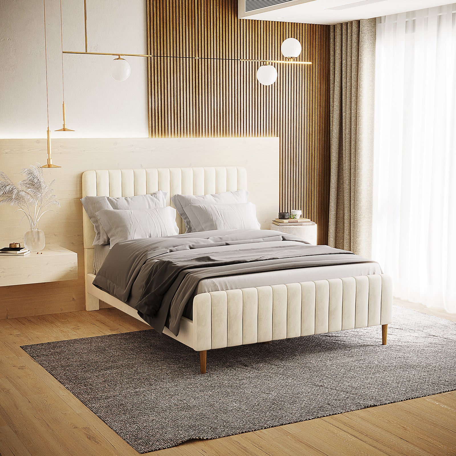 Seneca Double Upholstered Velvet Bed – Sandy White, showcasing a cream velvet frame with channel-tufted headboard, blends with minimalist decor, featuring a natural wood accent wall and floating nightstands.