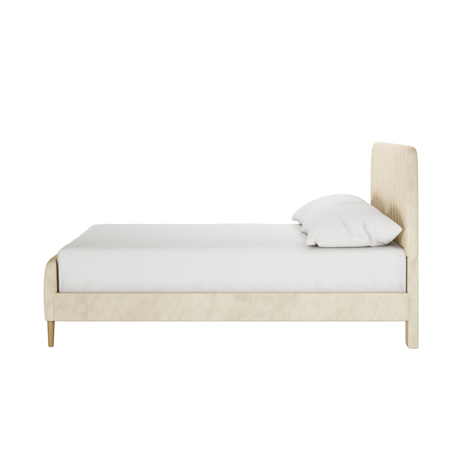 Seneca Double Upholstered Velvet Bed – Sandy White, side-view; light beige bed frame with a padded headboard, white mattress, and pillow, showcasing modern elegance and sturdy construction, against a plain background.